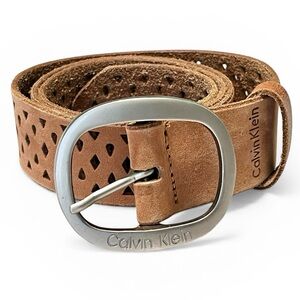Vintage Calvin Klein Tan Leather Belt Perforated Brushed Silver-Tone Buckle Sz M
